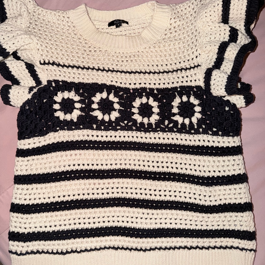 Rails Crochet Stripe Ruffle Sleeve Sweater - Cream & Black